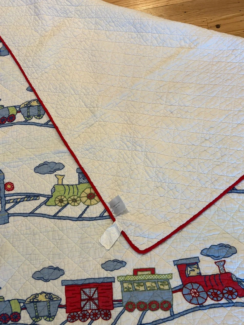 Train Appliqué Twin Quilt Bedding Set Shams Bed Skirt Valance Blue 100% Cotton